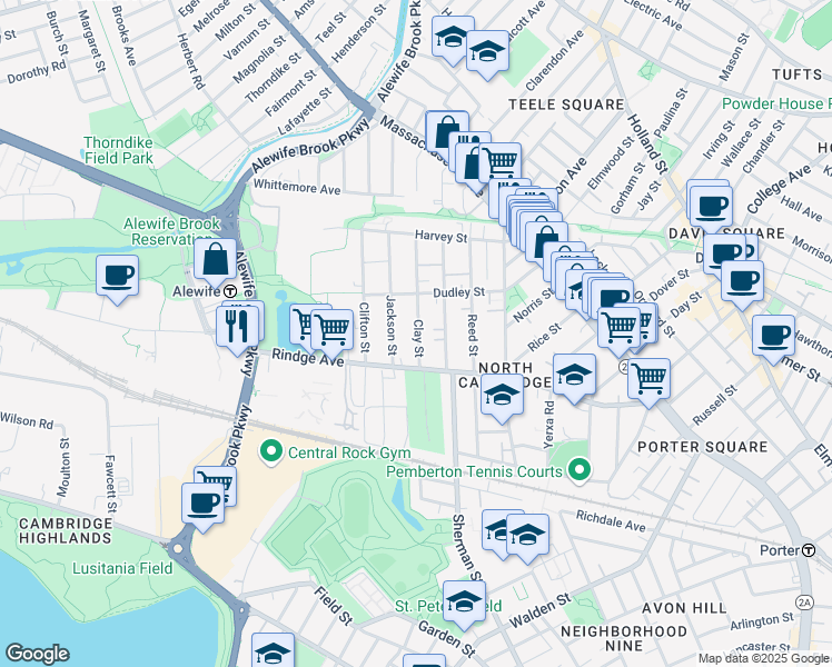 map of restaurants, bars, coffee shops, grocery stores, and more near 34 Clay Street in Cambridge