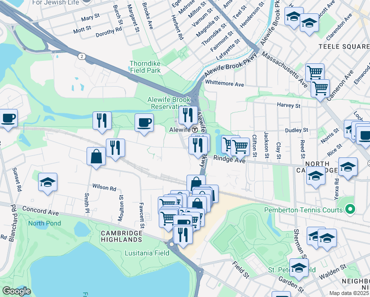 map of restaurants, bars, coffee shops, grocery stores, and more near 2 Cambridgepark Drive in Cambridge