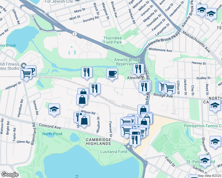 map of restaurants, bars, coffee shops, grocery stores, and more near 150 Cambridgepark Drive in Cambridge