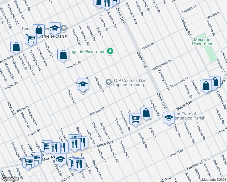 map of restaurants, bars, coffee shops, grocery stores, and more near 3961 Bedford Street in Detroit