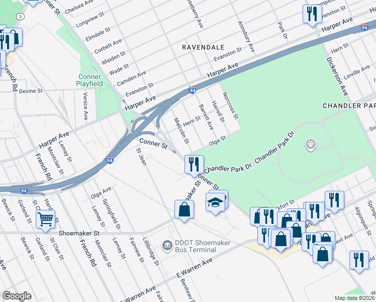 map of restaurants, bars, coffee shops, grocery stores, and more near 5815 Malcolm Street in Detroit