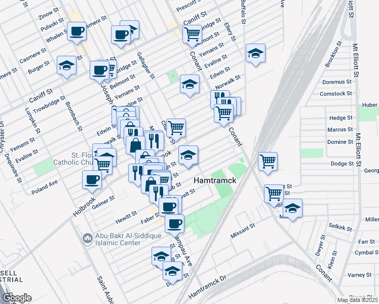 map of restaurants, bars, coffee shops, grocery stores, and more near 3099 Lehman Street in Hamtramck