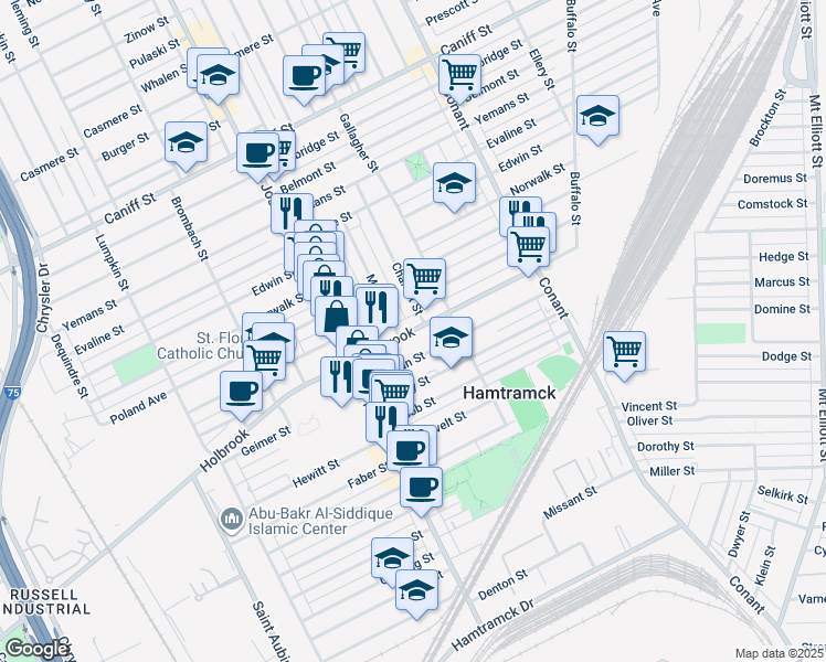 map of restaurants, bars, coffee shops, grocery stores, and more near 3114 Holbrook Avenue in Hamtramck