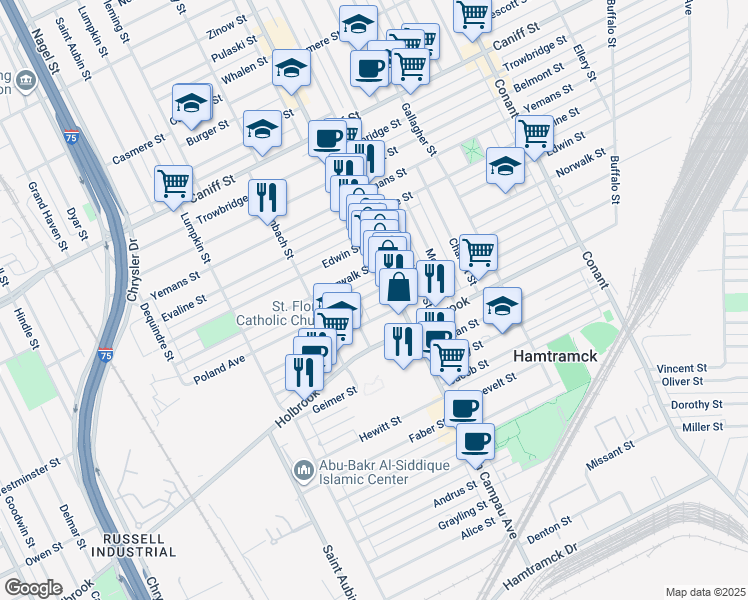 map of restaurants, bars, coffee shops, grocery stores, and more near 2726 Poland Street in Hamtramck