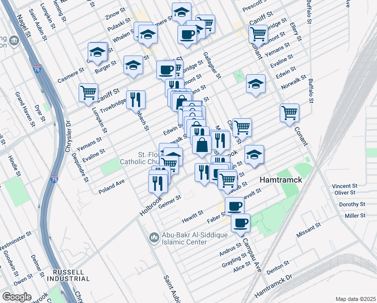 map of restaurants, bars, coffee shops, grocery stores, and more near 2726 Poland Street in Hamtramck