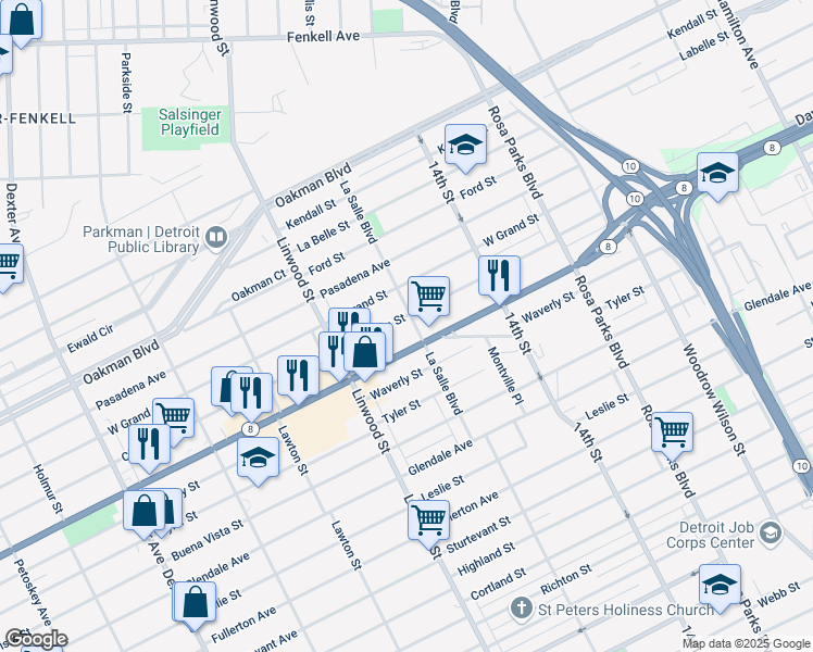 map of restaurants, bars, coffee shops, grocery stores, and more near 13527 La Salle Boulevard in Detroit