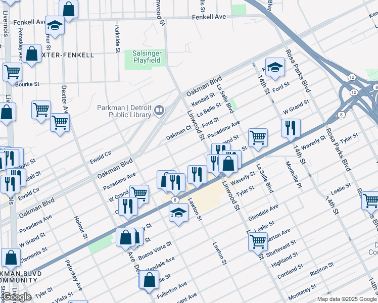 map of restaurants, bars, coffee shops, grocery stores, and more near 2711 Pasadena Street in Detroit