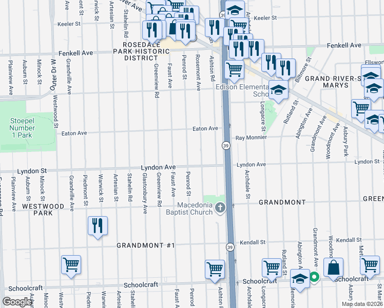 map of restaurants, bars, coffee shops, grocery stores, and more near 14543 Penrod Street in Detroit