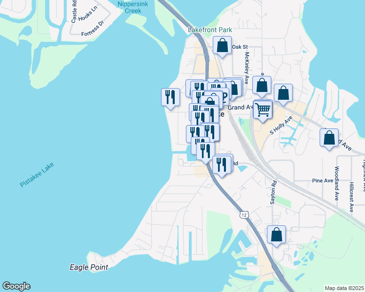 map of restaurants, bars, coffee shops, grocery stores, and more near 34 South Pistakee Lake Road in Fox Lake