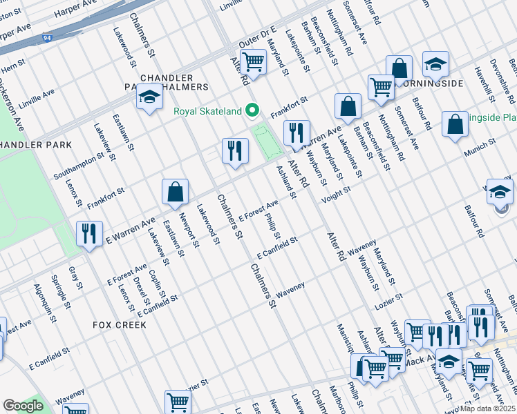 map of restaurants, bars, coffee shops, grocery stores, and more near 4801 Philip Street in Detroit