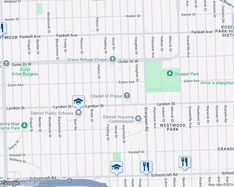 map of restaurants, bars, coffee shops, grocery stores, and more near 14580 Stout Street in Detroit