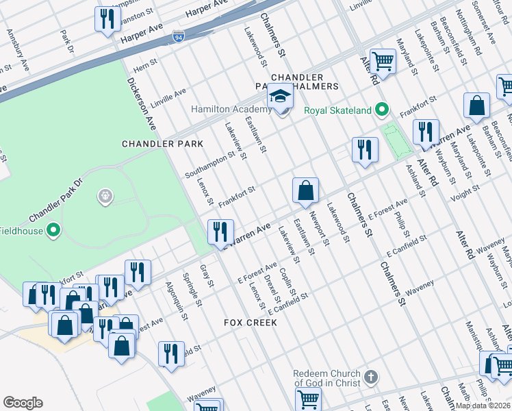map of restaurants, bars, coffee shops, grocery stores, and more near 5066 Coplin Street in Detroit