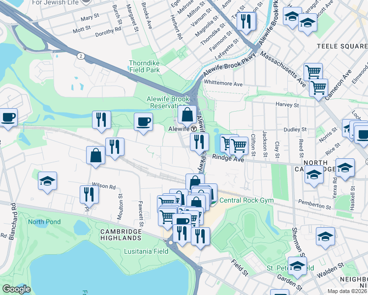 map of restaurants, bars, coffee shops, grocery stores, and more near 2 Cambridgepark Drive in Cambridge
