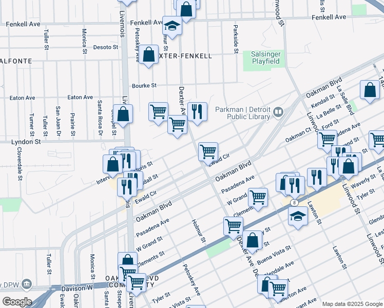map of restaurants, bars, coffee shops, grocery stores, and more near 3718 Kendall Street in Detroit