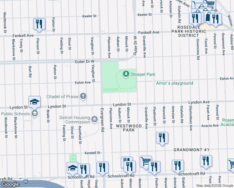 map of restaurants, bars, coffee shops, grocery stores, and more near 14571 Auburn Street in Detroit