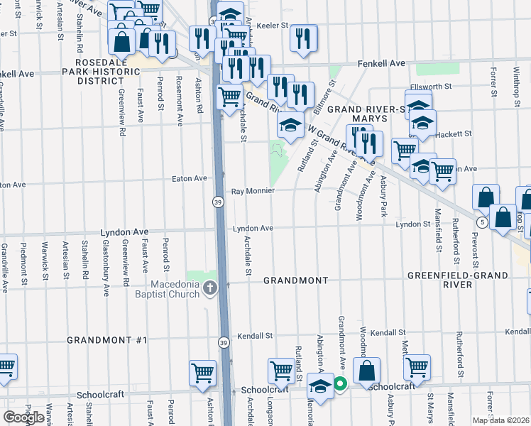map of restaurants, bars, coffee shops, grocery stores, and more near 14541 Longacre Street in Detroit