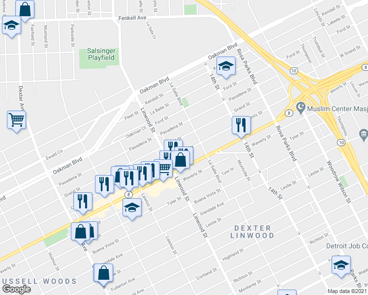 map of restaurants, bars, coffee shops, grocery stores, and more near 2476 Clements Street in Detroit