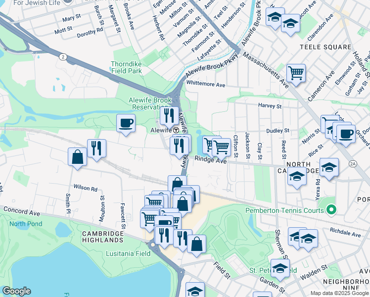 map of restaurants, bars, coffee shops, grocery stores, and more near 116 Cambridgepark Drive in Cambridge