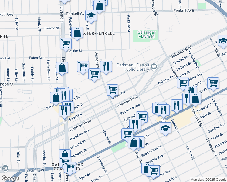map of restaurants, bars, coffee shops, grocery stores, and more near 3351 Kendall Street in Detroit