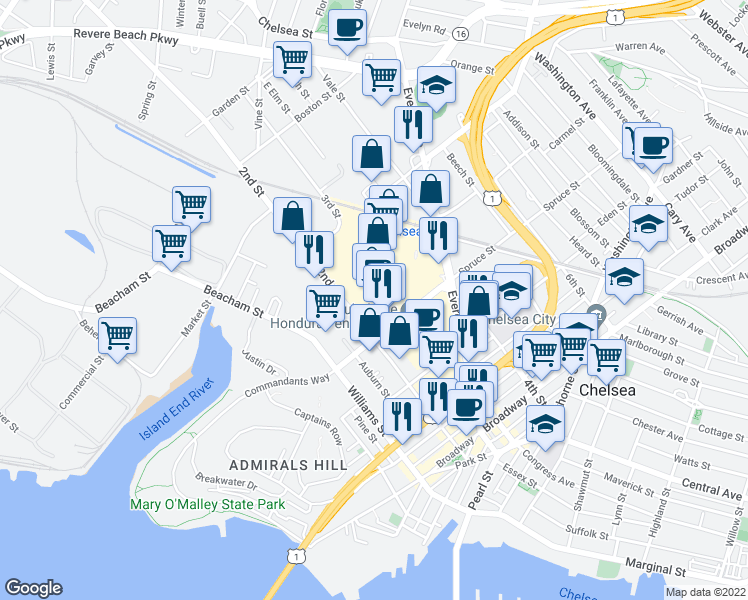 map of restaurants, bars, coffee shops, grocery stores, and more near 164 Everett Avenue in Chelsea