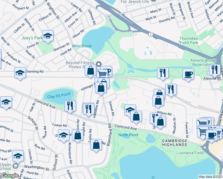 map of restaurants, bars, coffee shops, grocery stores, and more near 32 Normandy Avenue in Cambridge
