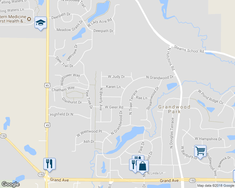 map of restaurants, bars, coffee shops, grocery stores, and more near 18582 Pamela Place in Gurnee