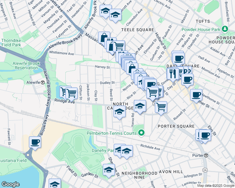 map of restaurants, bars, coffee shops, grocery stores, and more near 53R Cedar Street in Cambridge