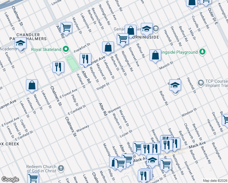 map of restaurants, bars, coffee shops, grocery stores, and more near 4420 Maryland Street in Detroit