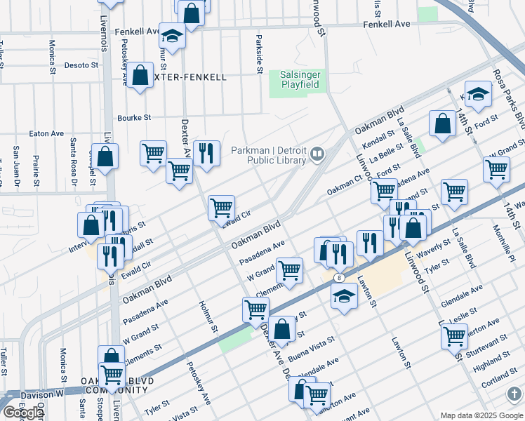 map of restaurants, bars, coffee shops, grocery stores, and more near 2011 Ewald Circle in Detroit