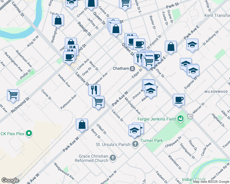 map of restaurants, bars, coffee shops, grocery stores, and more near 141 Edgar Street in Chatham