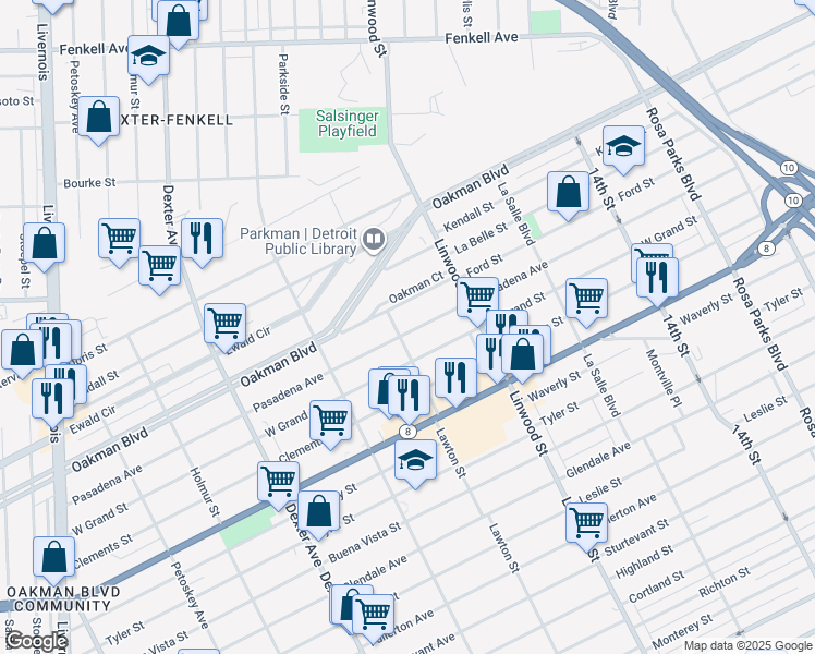 map of restaurants, bars, coffee shops, grocery stores, and more near 2711 Pasadena Street in Detroit