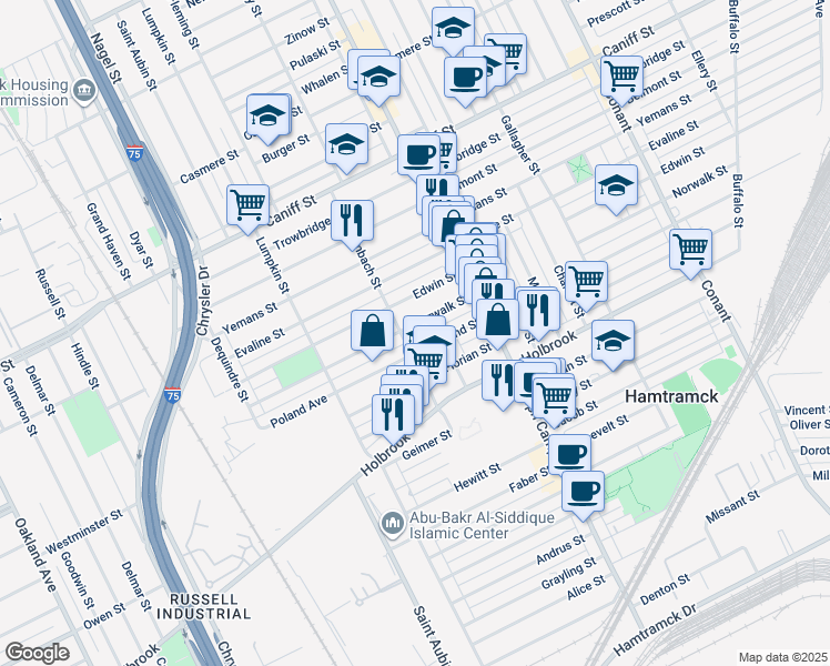map of restaurants, bars, coffee shops, grocery stores, and more near 2620 Norwalk Street in Hamtramck