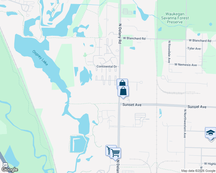 map of restaurants, bars, coffee shops, grocery stores, and more near 4159 Brentwood Lane in Waukegan