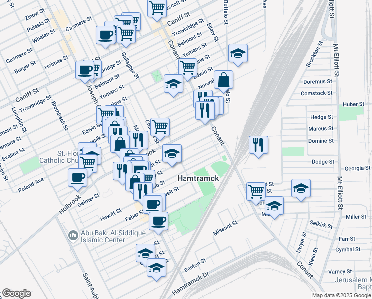 map of restaurants, bars, coffee shops, grocery stores, and more near 3170 Lehman Street in Hamtramck
