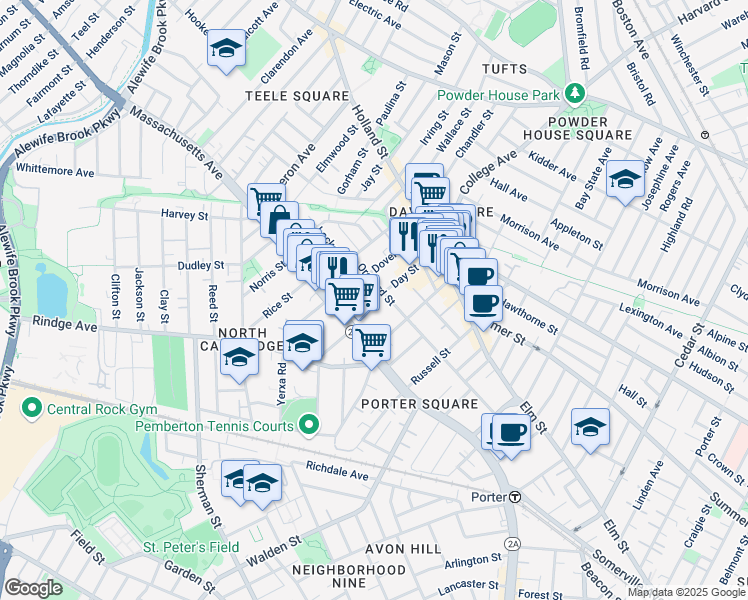map of restaurants, bars, coffee shops, grocery stores, and more near 15 Day Street in Cambridge