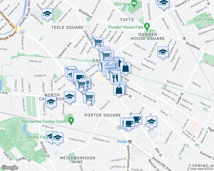 map of restaurants, bars, coffee shops, grocery stores, and more near 46 Chester Street in Somerville