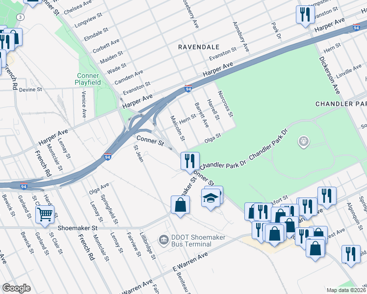 map of restaurants, bars, coffee shops, grocery stores, and more near 5815 Malcolm Street in Detroit
