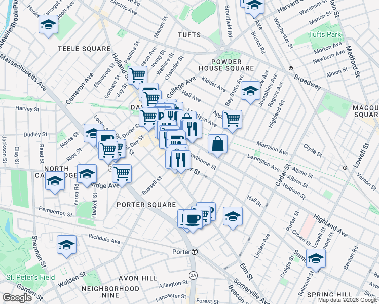 map of restaurants, bars, coffee shops, grocery stores, and more near 378 Highland Avenue in Somerville
