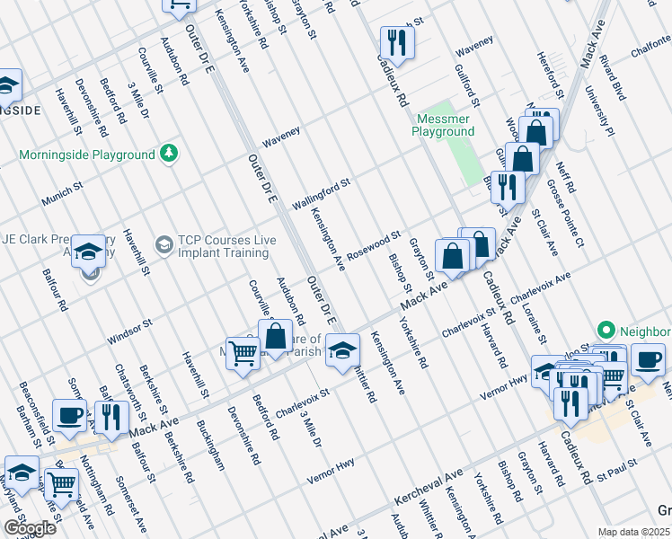 map of restaurants, bars, coffee shops, grocery stores, and more near 3557 Kensington Avenue in Detroit