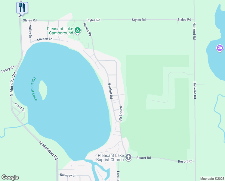 map of restaurants, bars, coffee shops, grocery stores, and more near 2624 Bartlett Road in Pleasant Lake
