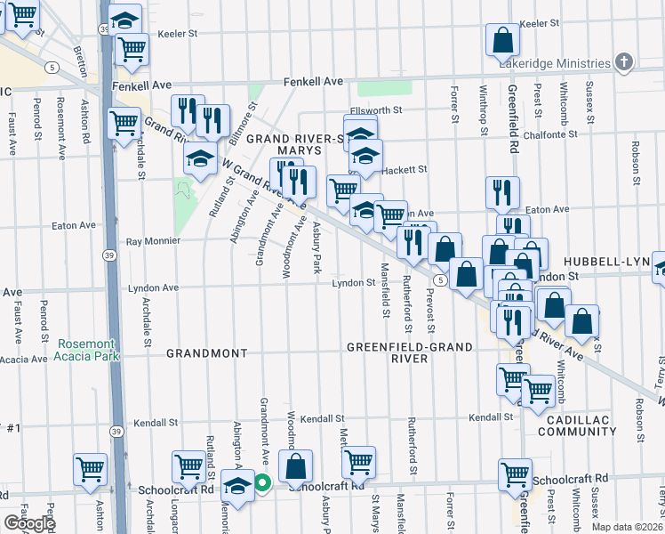 map of restaurants, bars, coffee shops, grocery stores, and more near 14526 Asbury Park in Detroit
