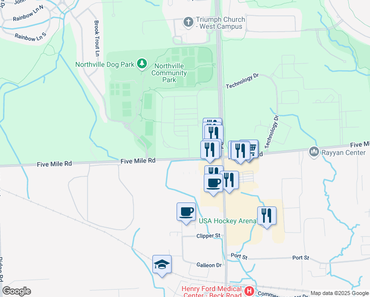 map of restaurants, bars, coffee shops, grocery stores, and more near 47717 Fieldstone Drive in Northville