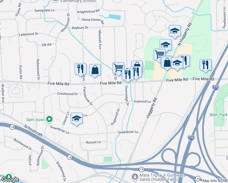 map of restaurants, bars, coffee shops, grocery stores, and more near 40686 Crabtree Lane in Plymouth