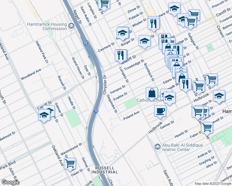 map of restaurants, bars, coffee shops, grocery stores, and more near 1981 Evaline Street in Hamtramck