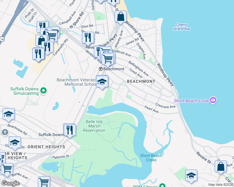 map of restaurants, bars, coffee shops, grocery stores, and more near 1 Montfern Avenue in Revere