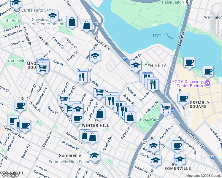 map of restaurants, bars, coffee shops, grocery stores, and more near 3 Snow Terrace in Somerville