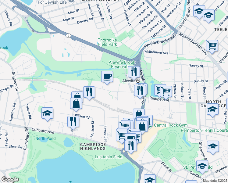 map of restaurants, bars, coffee shops, grocery stores, and more near 88 Cambridge Park Drive in Cambridge
