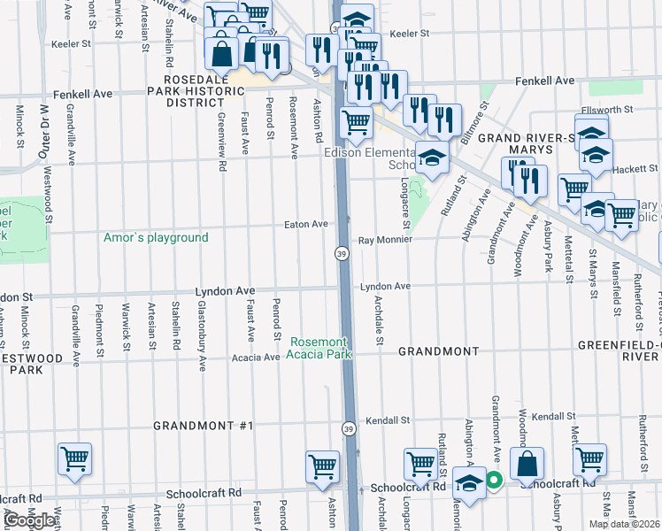 map of restaurants, bars, coffee shops, grocery stores, and more near 14552 Ashton Road in Detroit