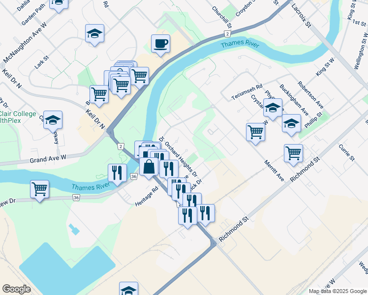 map of restaurants, bars, coffee shops, grocery stores, and more near 9 Sarah Crescent in Chatham