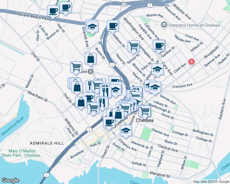 map of restaurants, bars, coffee shops, grocery stores, and more near 200 Arlington Street in Chelsea